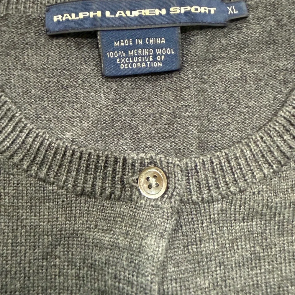 Ralph Lauren Sport Womens XL Grey 100% Merino Wool Button Front Cardigan Sweater